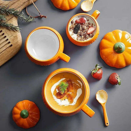 Adorable Kawaii Pumpkin Ceramic Mug Set - Perfect Halloween Drinkware for Soups and Beverages - Très Elite