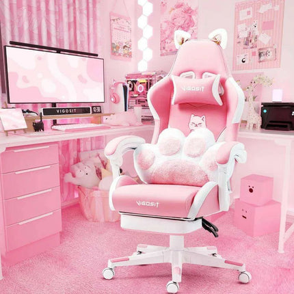 Adorable Pink Gaming Chair with Cat Ear Design and Adjustable Lumbar Support for Female Gamers - Très Elite
