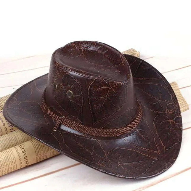 Adventure-Ready PU Leather Cowboy Hat - Stylish Big Brim Fedora for Outdoor Enthusiasts