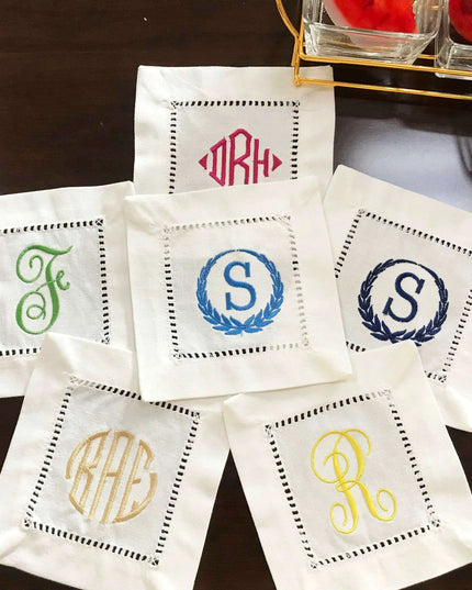 Elegantly Embroidered Camellia Monogrammed Cocktail Napkin Set - A Touch of Victorian Luxury for Your Table