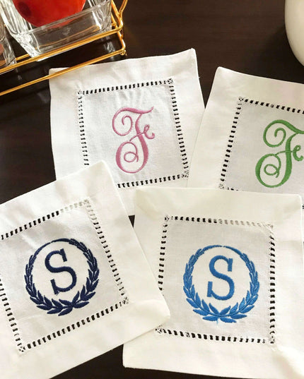 Elegantly Embroidered Camellia Monogrammed Cocktail Napkin Set - A Touch of Victorian Luxury for Your Table