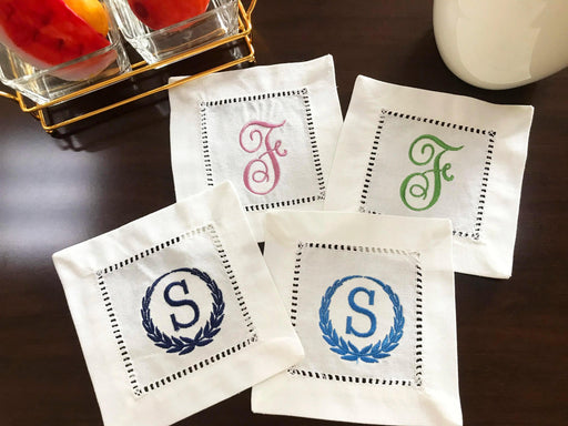 Elegantly Embroidered Camellia Monogrammed Cocktail Napkin Set - A Touch of Victorian Luxury for Your Table