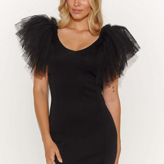 Alluring Black Ruffle Mini Dress with Golden Detailing