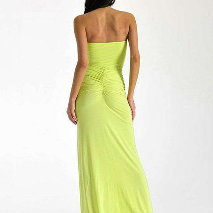 Alluring Halterneck Lace-Up Pleated Dress with Slit - Women's Fashion Essential - Très Elite