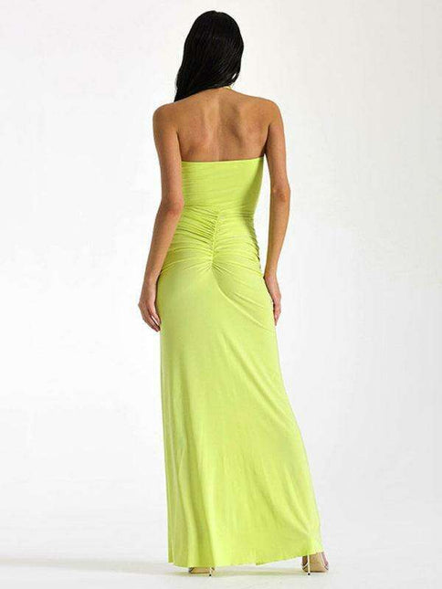 Alluring Halterneck Lace-Up Pleated Dress with Slit - Women's Fashion Essential