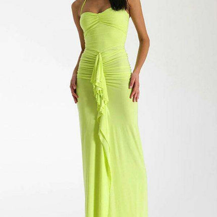Alluring Halterneck Lace-Up Pleated Dress with Slit - Women's Fashion Essential - Très Elite