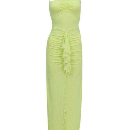 Alluring Halterneck Lace-Up Pleated Dress with Slit - Women's Fashion Essential - Très Elite