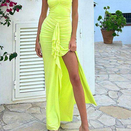 Alluring Halterneck Lace-Up Pleated Dress with Slit - Women's Fashion Essential