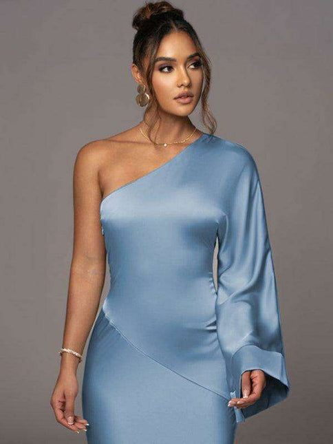 Alluring Satin One-Shoulder Bodycon Dress with Asymmetric Collar