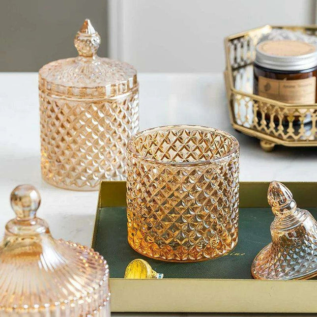 Amber Radiance Crystal Glass Storage Jar with Lid for Jewelry and Event Decor