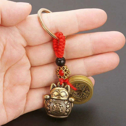 Antique Brass Lucky Cat Keychain with Feng Shui Coin & Five Emperors Charm - Très Elite