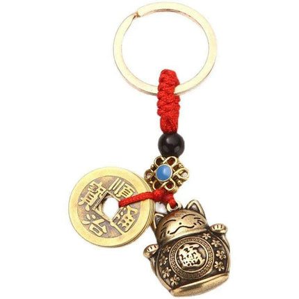 Antique Brass Lucky Cat Keychain with Feng Shui Coin & Five Emperors Charm - Très Elite