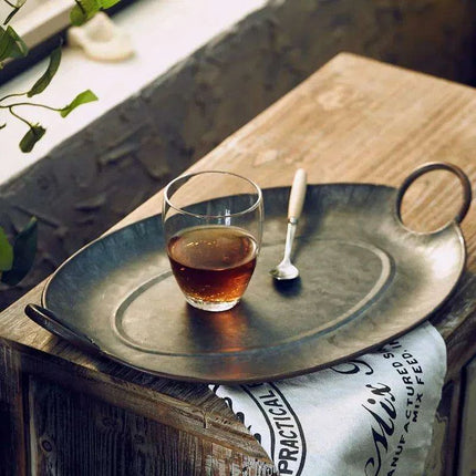 Antique-Inspired European Wrought Iron Serving Tray with Elegant Handles..