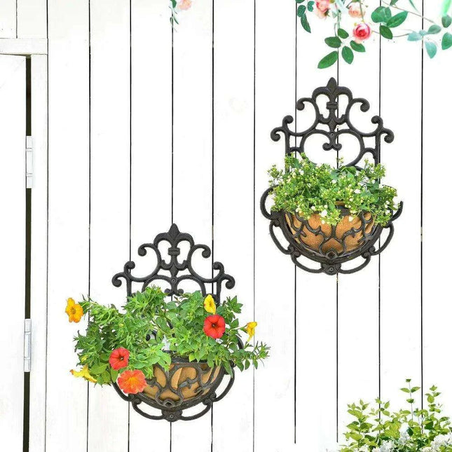 Antique-Style Brown Cast Iron Wall Planters - Set of 2