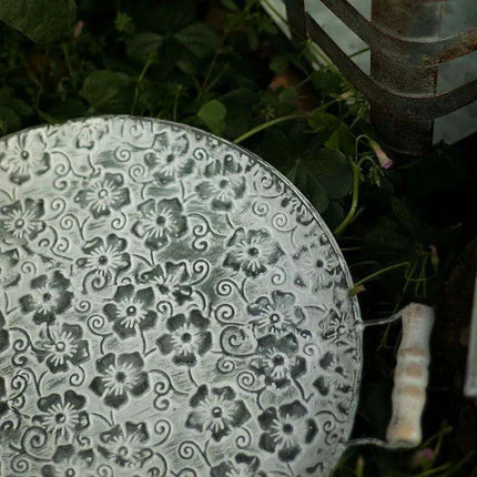 Antique-Style Round Metal Serving Tray with Rustic Wooden Handles for Cakes and Breads..