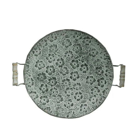 Antique-Style Round Metal Serving Tray with Rustic Wooden Handles for Cakes and Breads..