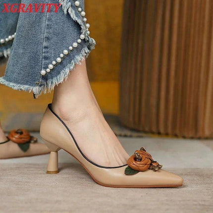 Apricot Elegance Genuine Leather High Heels - Chic Princess Blossom Design - Très Elite