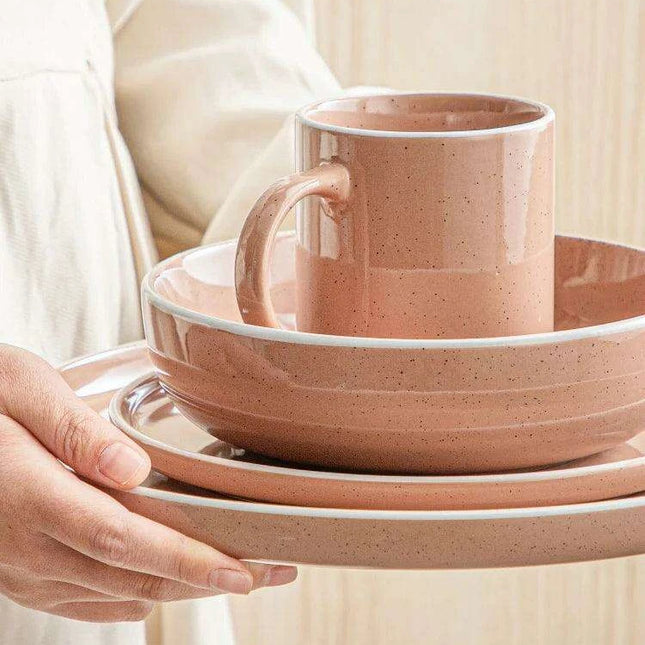 Apricot Elegance: Sesame Glazed Stoneware Dinnerware Set - 16/32/48 Piece Collection of Plates, Bowls, and Mugs