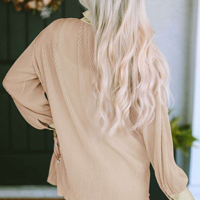 Apricot Pleated Lounge Set: Elegant Long Sleeve Top & Shorts Outfit