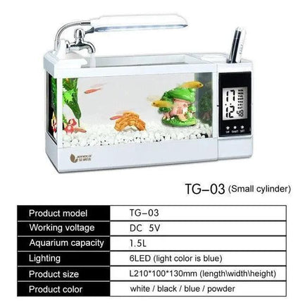 Aquarium Clock Organizer with LED Light and Pen Holder - Elegant Fish Tank Decor