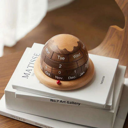 Artisan Black Walnut Planet Calendar Sculpture - Chic Accent for Home and Office - Très Elite