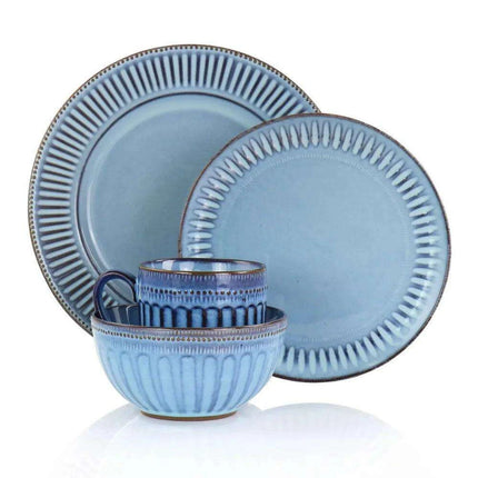 Artisan Blue Haze 16-Piece Stoneware Dinnerware Set - Unique Reactive Glaze with Distinctive Color Variations - Très Elite