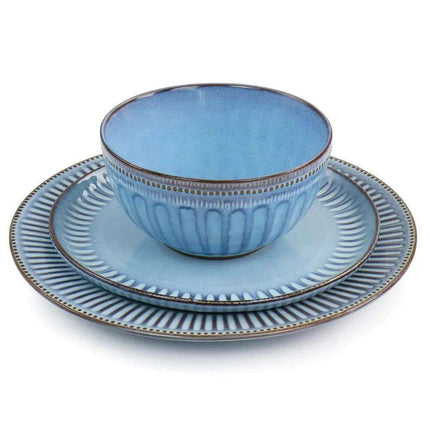 Artisan Blue Haze 16-Piece Stoneware Dinnerware Set - Unique Reactive Glaze with Distinctive Color Variations - Très Elite