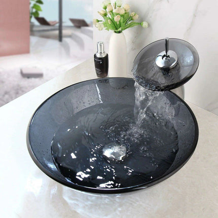Artisan-Crafted Black Glass Vanity Basin Set with Chrome Waterfall Faucet - Très Elite