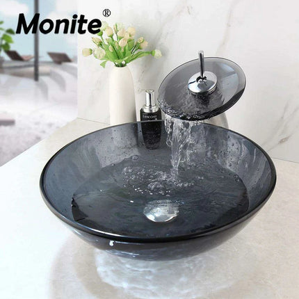 Artisan-Crafted Black Glass Vanity Basin Set with Chrome Waterfall Faucet - Très Elite