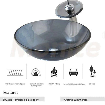 Artisan-Crafted Black Glass Vanity Basin Set with Chrome Waterfall Faucet - Très Elite