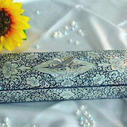Artisan Crafted Mother of Pearl Crane Jewelry Compendium with Elegant Black Wood Accents - Très Elite