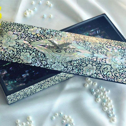 Artisan Crafted Mother of Pearl Crane Jewelry Compendium with Elegant Black Wood Accents - Très Elite