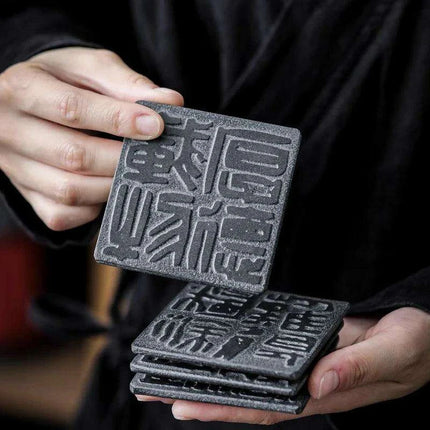 Artisan Crafted Natural Stone Coaster Set with Ancient Chinese Wisdom - Elegant Heat-Resistant - Très Elite