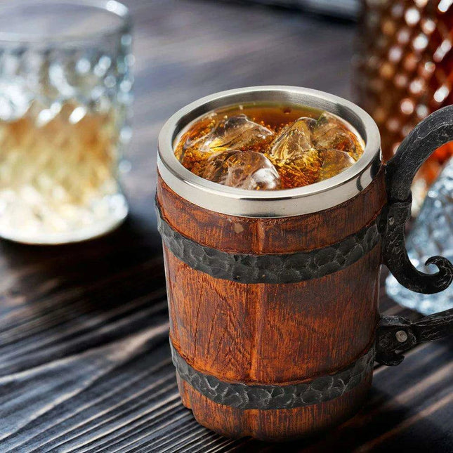 Artisan Crafted Wood Grain Resin Beer Mug with Stainless Steel Liner - 500ml Capacity