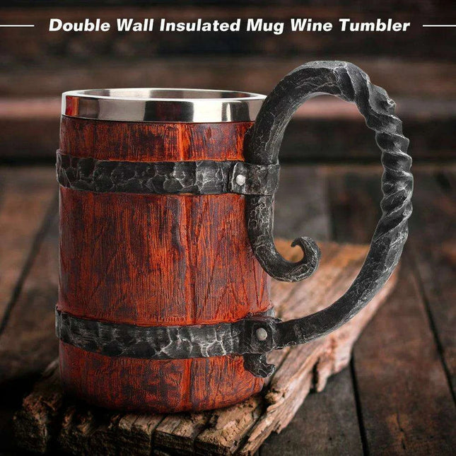 Artisan Crafted Wood Grain Resin Beer Mug with Stainless Steel Liner - 500ml Capacity