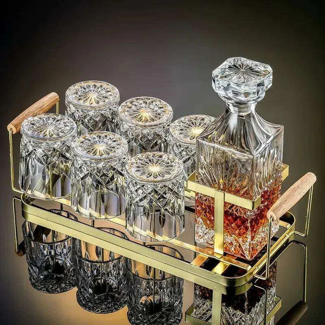 Artisan Crystal Wine and Whiskey Glass Set with Stylish Display Rack