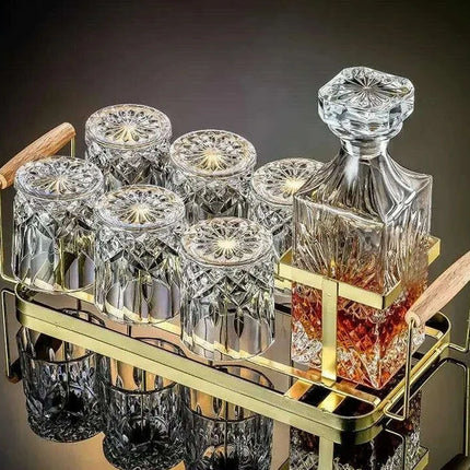 Artisan Crystal Wine and Whiskey Glass Set with Stylish Display Rack..