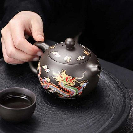 Artisan Dragon and Phoenix Purple Clay Teapot for Traditional Kung Fu Tea Ceremony - Très Elite