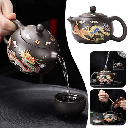 Artisan Dragon and Phoenix Purple Clay Teapot for Traditional Kung Fu Tea Ceremony - Très Elite