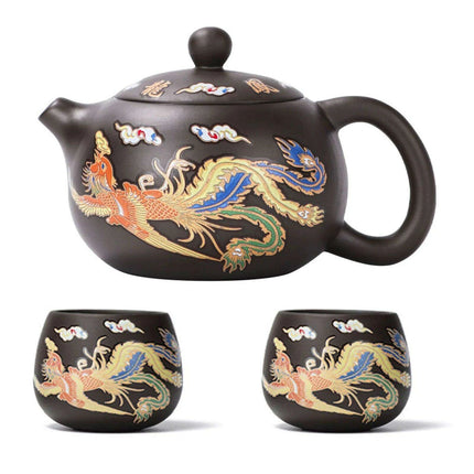 Artisan Dragon and Phoenix Purple Clay Teapot for Traditional Kung Fu Tea Ceremony - Très Elite