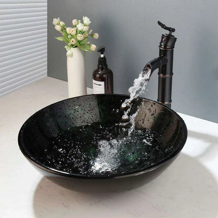 Artisan Hand-Painted Tempered Glass Sink Ensemble with Modern Chrome Faucet..