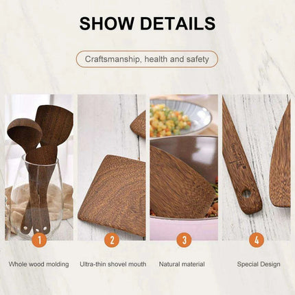 Artisan Japanese Wooden Cooking Utensils Set: Eco-Friendly Thin Spatula and Rice Spoon for Your Kitchen - Très Elite