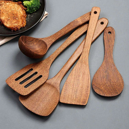 Artisan Japanese Wooden Cooking Utensils Set: Eco-Friendly Thin Spatula and Rice Spoon for Your Kitchen - Très Elite