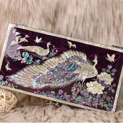 Artisan-Made Mother of Pearl Jewelry Box with Exquisite Peacock Inlay - An Elegant Storage Solution for Your Treasures- Très Elite- Très Elite