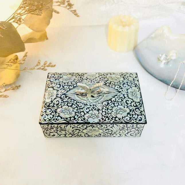 Artisan Mother of Pearl Crane Keepsake Box with Wooden Accents