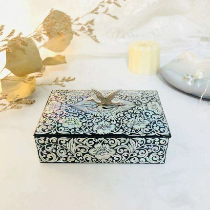 Artisan Mother of Pearl Crane Keepsake Box with Wooden Accents- Très Elite- Très Elite