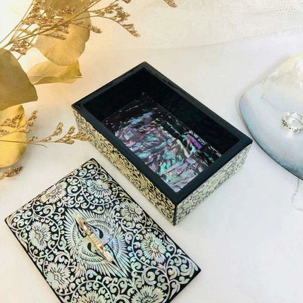 Artisan Mother of Pearl Crane Keepsake Box with Wooden Accents- Très Elite- Très Elite