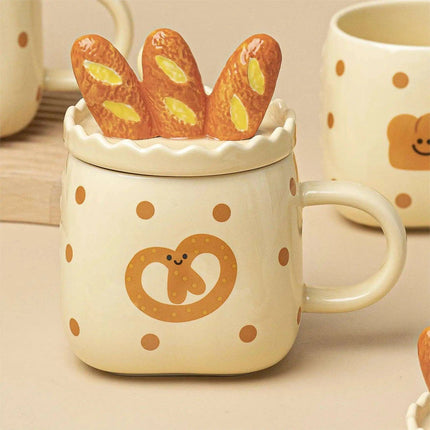 Artisanal Irregular Bread Sculpt Porcelain Coffee Mug Set with Decorative Spoon - Très Elite