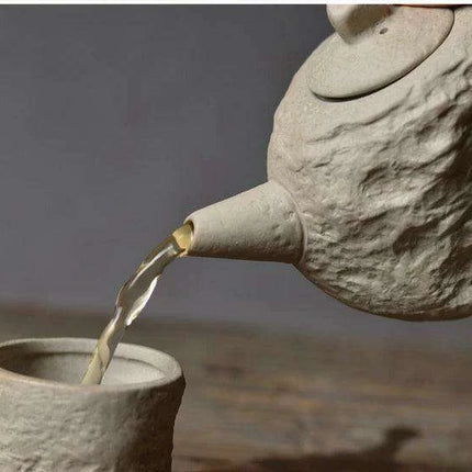 Artisanal Rustic Ceramic Teapot and Teacup Set with Hard Stone Finish - Très Elite