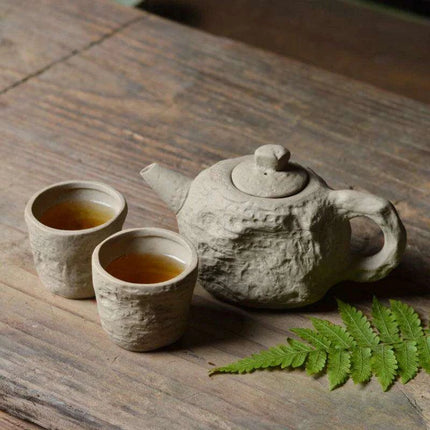 Artisanal Rustic Ceramic Teapot and Teacup Set with Hard Stone Finish - Très Elite